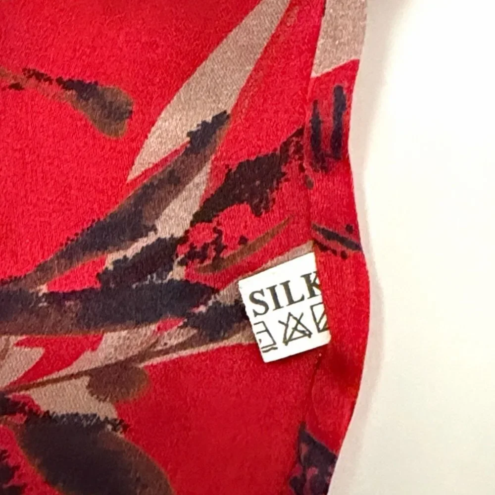 Men's Red Doubled Silk Scarf Hieroglyphs and Floral Bamboo Design Fringed
